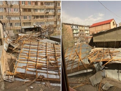 Նոր-Նորքում շենքի տանիքը պոկվել է և ընկել բակում կայանված մեքենաների վրա