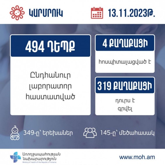 Նոյեմբերի 13-ի դրությամբ կարմրուկի լաբորատոր հաստատված դեպքերի թիվը 494 է