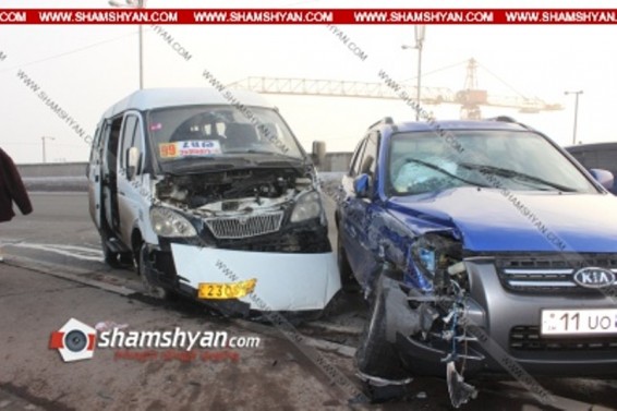 Խոշոր ավտովթար Երևանում. <<Հաղթանակ>> զբոսայգու մոտ բախվել են 42-ամյա կին վարորդի KIA-ան և թիվ 99 երթուղին սպասարկող Газель–.ը Կան վիրավորներ.
