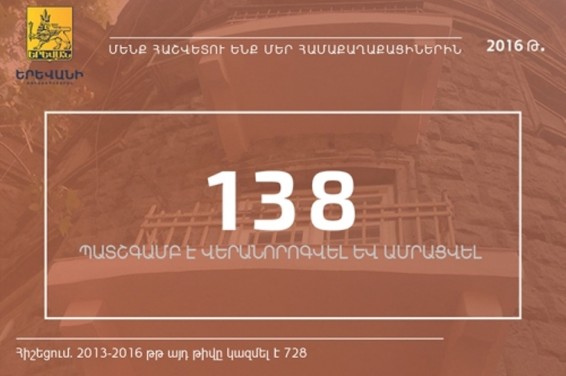 2016 թվականին մայրաքաղաքում վերանորոգվել ու ամրացվել է 138 շքապատշգամբ
